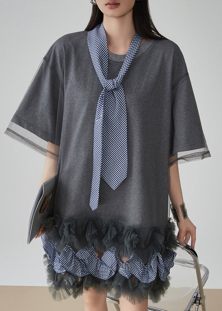 Casual Grey Ruffled Tulle Patchwork Fake Two Pieces Mid Dress Short Sleeve