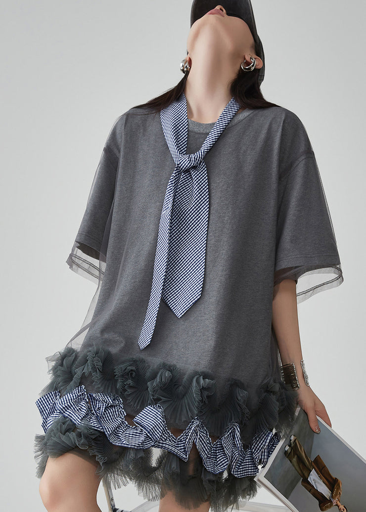 Casual Grey Ruffled Tulle Patchwork Fake Two Pieces Mid Dress Short Sleeve