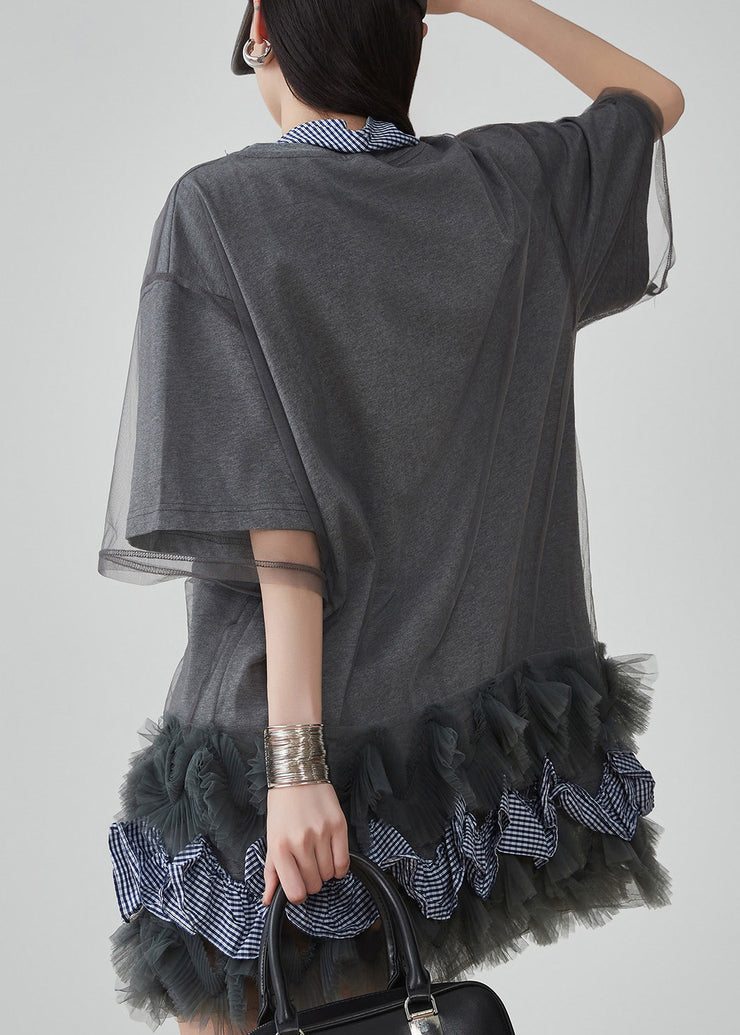 Casual Grey Ruffled Tulle Patchwork Fake Two Pieces Mid Dress Short Sleeve