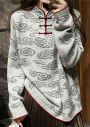 Casual Grey Stand Collar Auspicious Clouds Knit Sweater Tops Winter