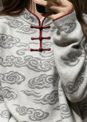 Casual Grey Stand Collar Auspicious Clouds Knit Sweater Tops Winter