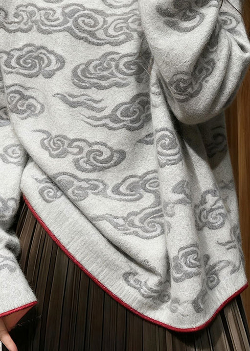 Casual Grey Stand Collar Auspicious Clouds Knit Sweater Tops Winter