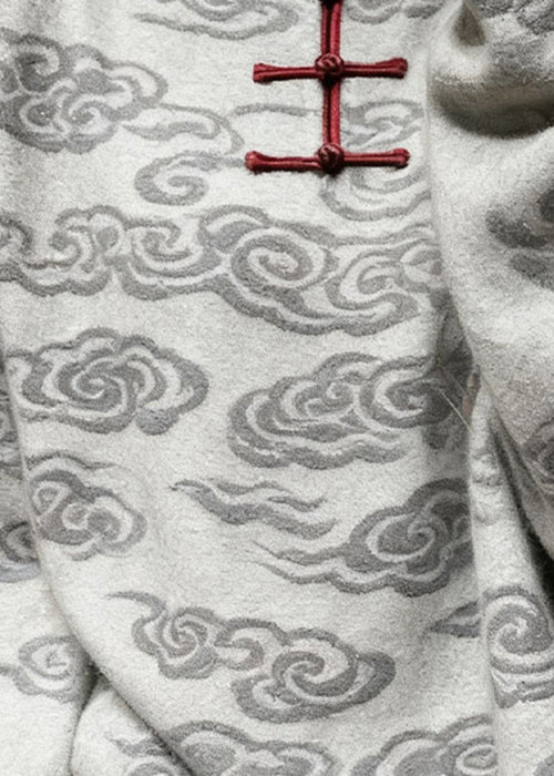 Casual Grey Stand Collar Auspicious Clouds Knit Sweater Tops Winter