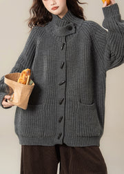 Casual Grey Stand Collar Thick Cotton Knit Cardigans Winter