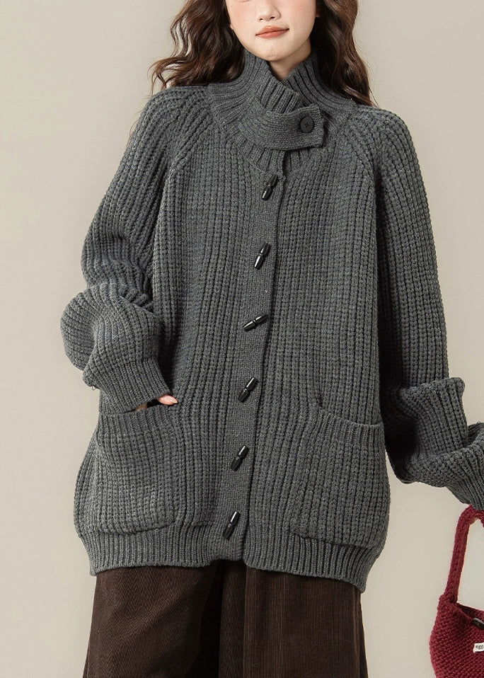 Casual Grey Stand Collar Thick Cotton Knit Cardigans Winter