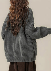 Casual Grey Stand Collar Thick Cotton Knit Cardigans Winter