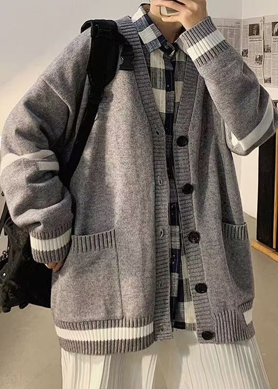 Casual Grey Striped Pockets Knit Mens Cardigans Spring