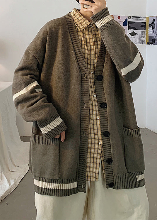 Casual Grey Striped Pockets Knit Mens Cardigans Spring