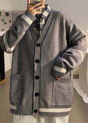 Casual Grey Striped Pockets Knit Mens Cardigans Spring