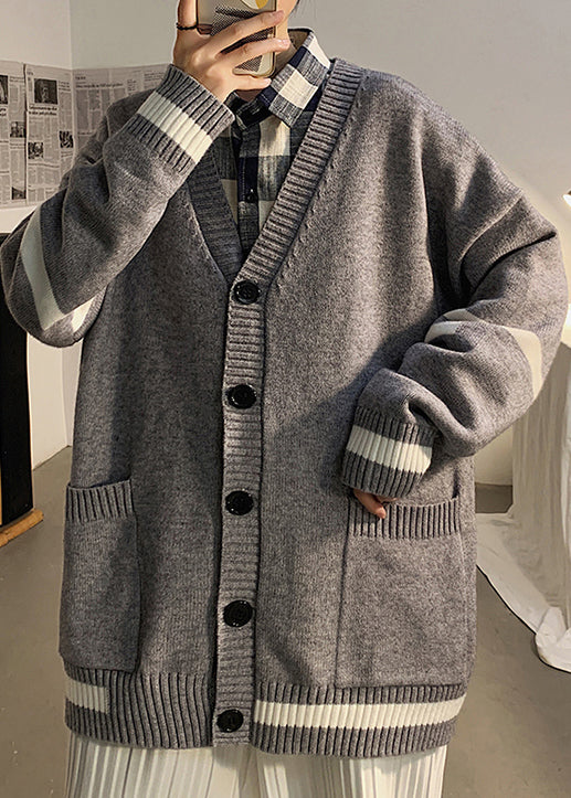 Casual Grey Striped Pockets Knit Mens Cardigans Spring