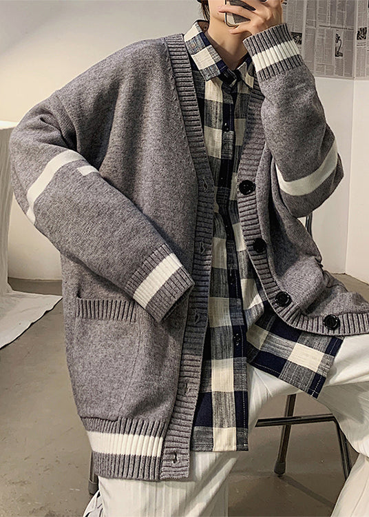 Casual Grey Striped Pockets Knit Mens Cardigans Spring