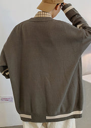 Casual Grey Striped Pockets Knit Mens Cardigans Spring