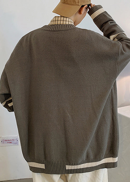 Casual Grey Striped Pockets Knit Mens Cardigans Spring