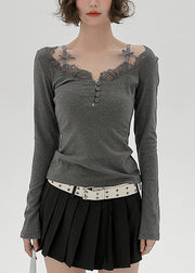 Casual Grey U Neck Lace Patchwork Cotton Shirts Spring