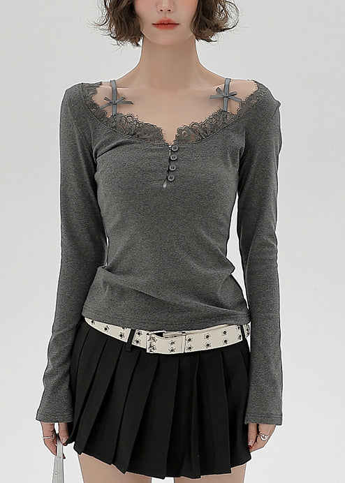 Casual Grey U Neck Lace Patchwork Cotton Shirts Spring