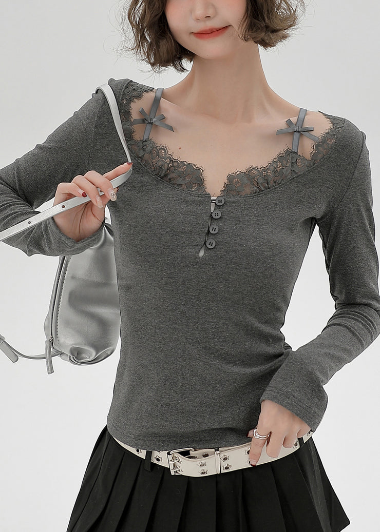 Casual Grey U Neck Lace Patchwork Cotton Shirts Spring