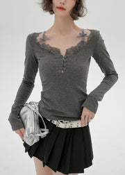 Casual Grey U Neck Lace Patchwork Cotton Shirts Spring