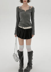 Casual Grey U Neck Lace Patchwork Cotton Shirts Spring