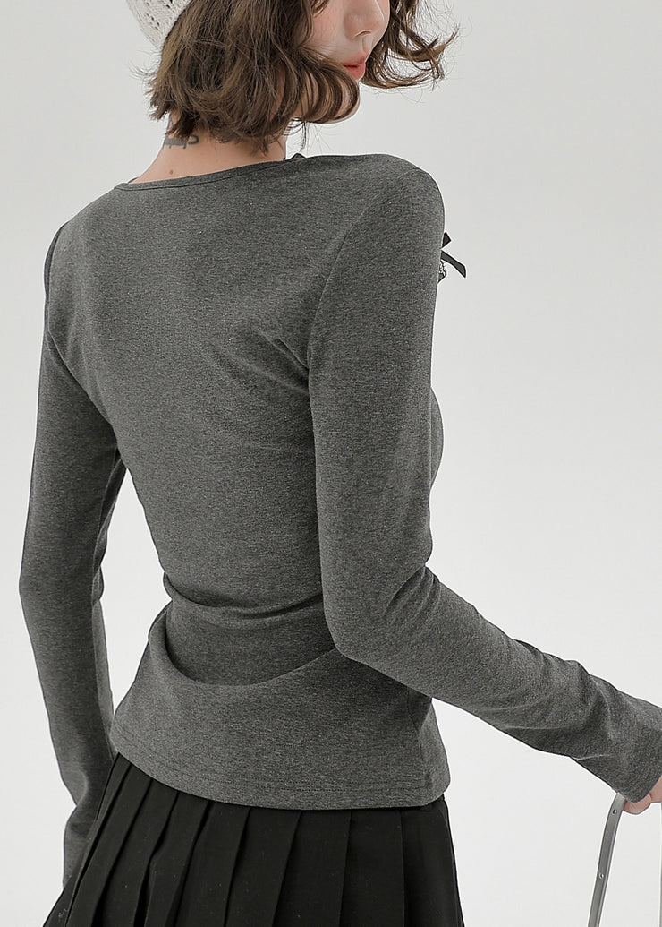 Casual Grey U Neck Lace Patchwork Cotton Shirts Spring