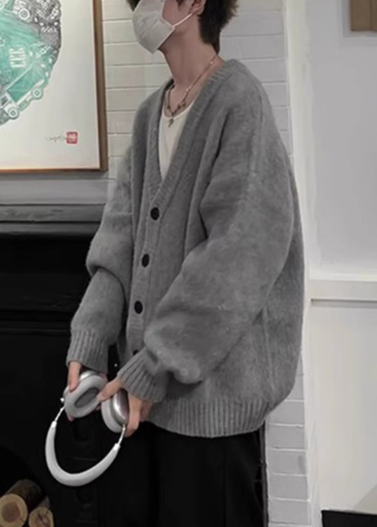 Casual Grey V Neck Button Knit Mens Cardigans Spring