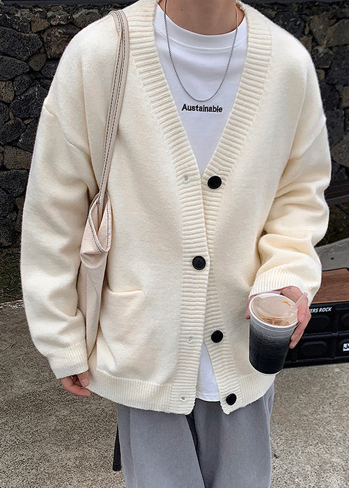 Casual Grey V Neck Button Knit Mens Cardigans Spring