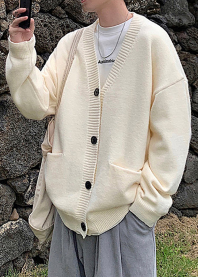 Casual Grey V Neck Button Knit Mens Cardigans Spring