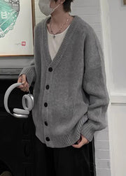 Casual Grey V Neck Button Knit Mens Cardigans Spring