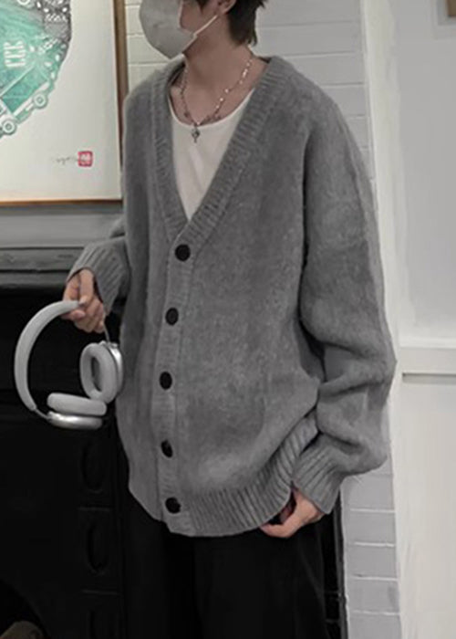 Casual Grey V Neck Button Knit Mens Cardigans Spring