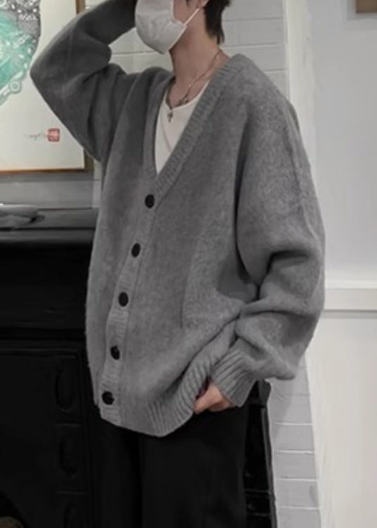 Casual Grey V Neck Button Knit Mens Cardigans Spring