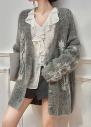 Casual Grey V Neck Embroidered Floral Cotton Knit Cardigan Fall
