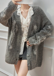 Casual Grey V Neck Embroidered Floral Cotton Knit Cardigan Fall