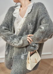 Casual Grey V Neck Embroidered Floral Cotton Knit Cardigan Fall