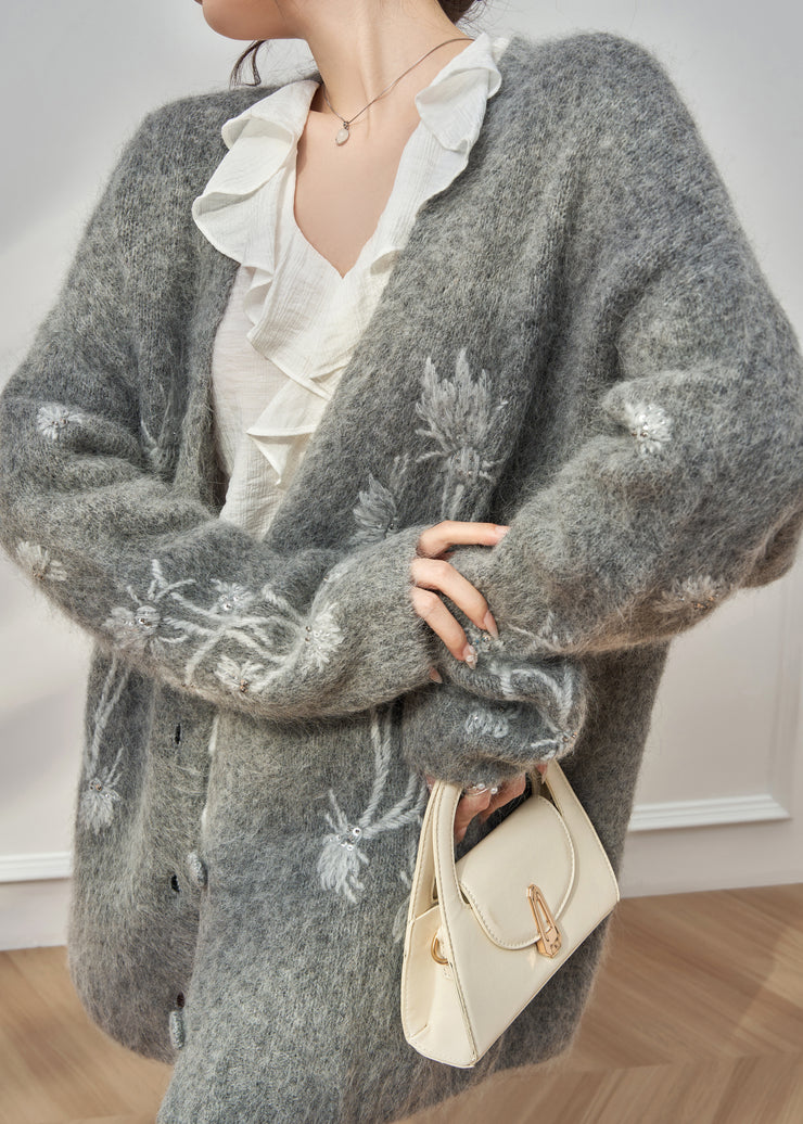 Casual Grey V Neck Embroidered Floral Cotton Knit Cardigan Fall