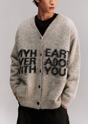 Casual Grey V Neck Letter Pockets Knit Mens Coat Spring