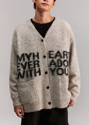 Casual Grey V Neck Letter Pockets Knit Mens Coat Spring