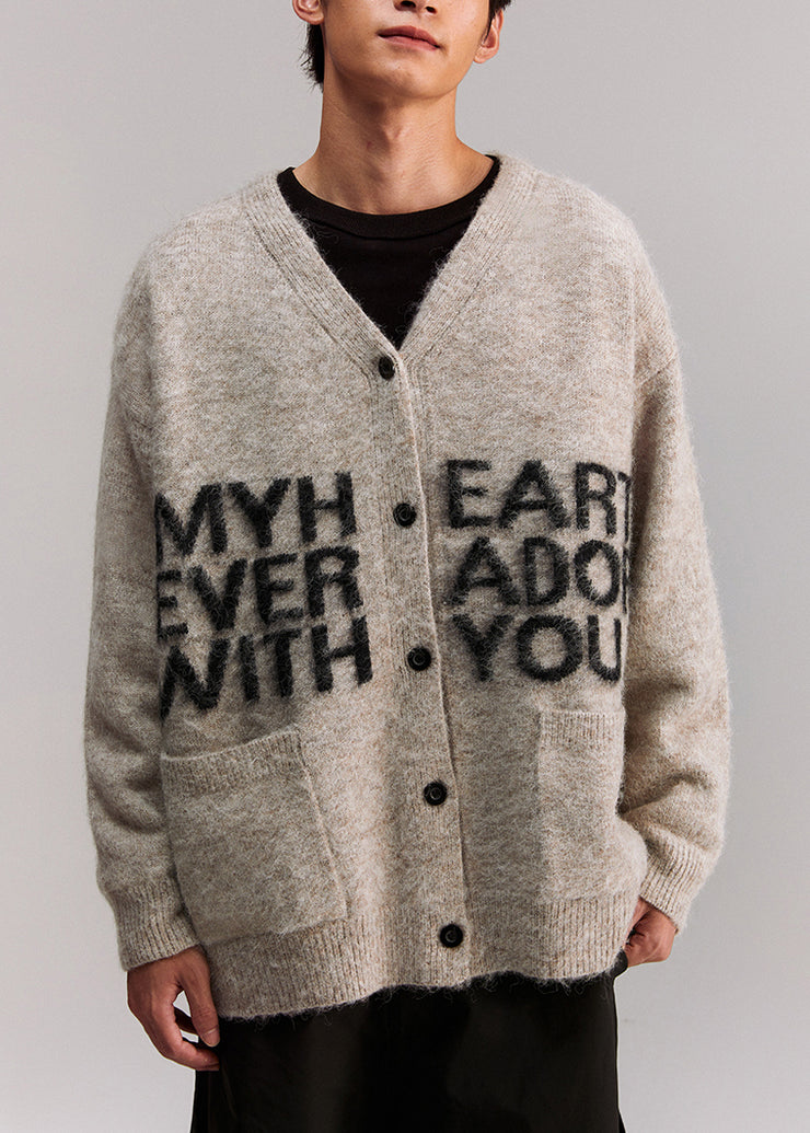 Casual Grey V Neck Letter Pockets Knit Mens Coat Spring