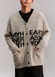 Casual Grey V Neck Letter Pockets Knit Mens Coat Spring