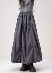 Casual Grey Wrinkled Elastic Waist Cotton Skirts Fall