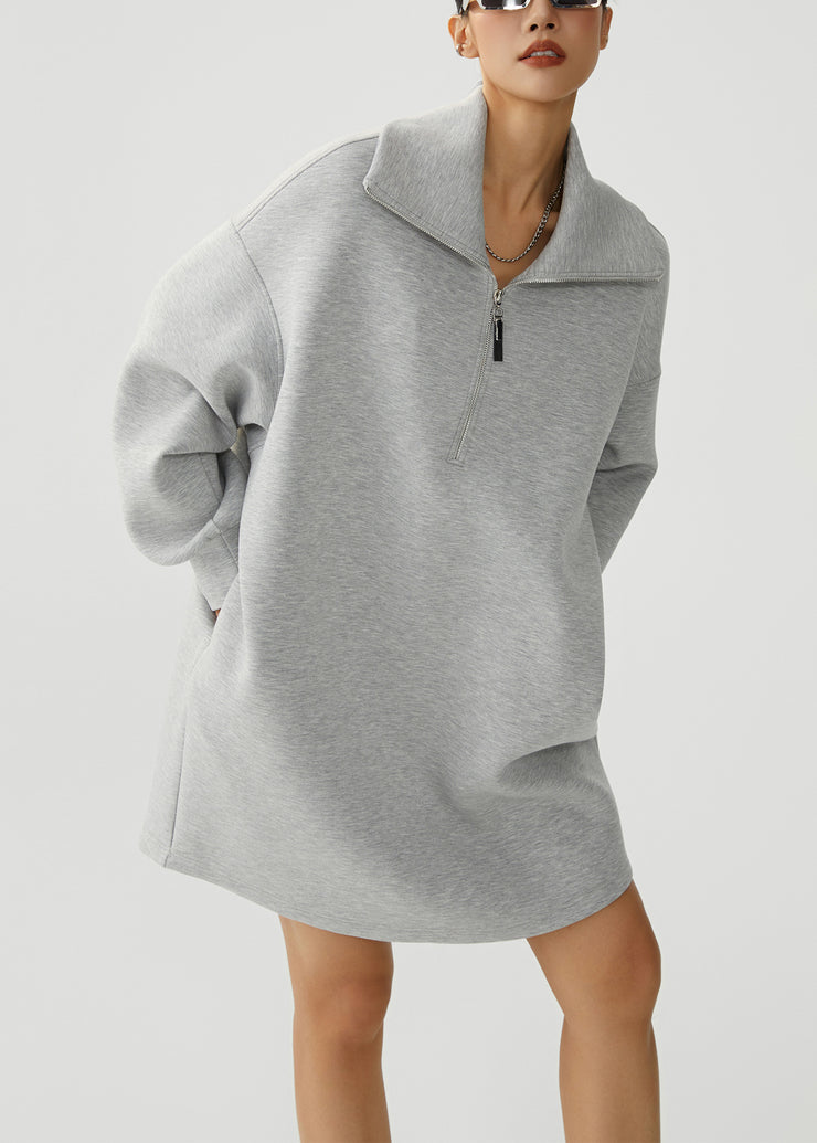 Casual Grey Zip Up Pockets Warm Fleece Sweatshirt Dress Winter