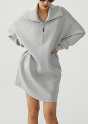 Casual Grey Zip Up Pockets Warm Fleece Sweatshirt Dress Winter