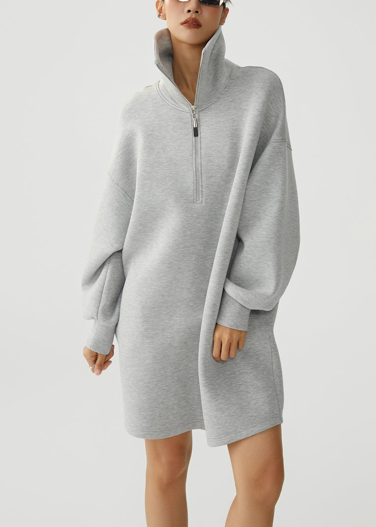 Casual Grey Zip Up Pockets Warm Fleece Sweatshirt Dress Winter