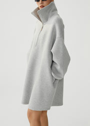 Casual Grey Zip Up Pockets Warm Fleece Sweatshirt Dress Winter