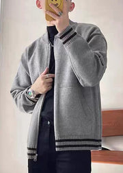Casual Grey Zip Up Striped Pockets Knit Men Coat Spring