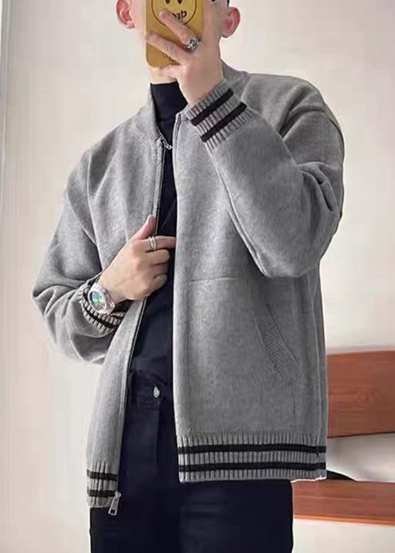 Casual Grey Zip Up Striped Pockets Knit Men Coat Spring