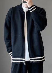 Casual Grey Zip Up Striped Pockets Knit Men Coat Spring