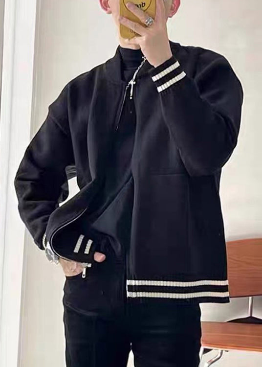 Casual Grey Zip Up Striped Pockets Knit Men Coat Spring