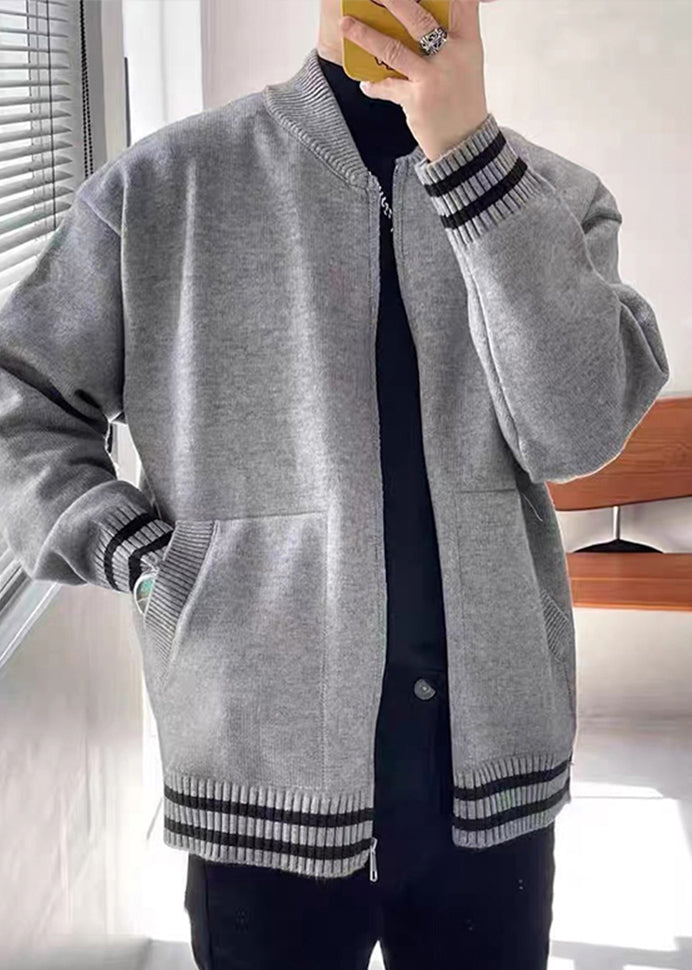 Casual Grey Zip Up Striped Pockets Knit Men Coat Spring