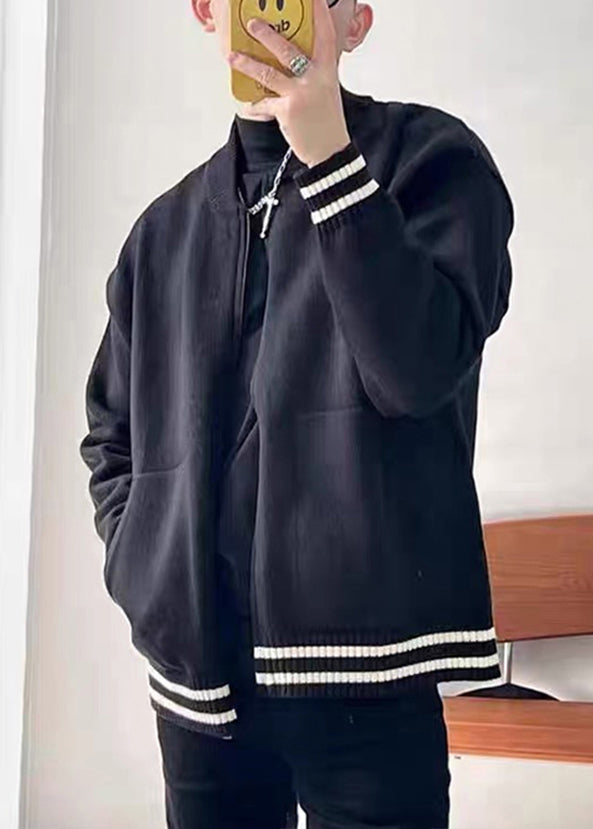 Casual Grey Zip Up Striped Pockets Knit Men Coat Spring