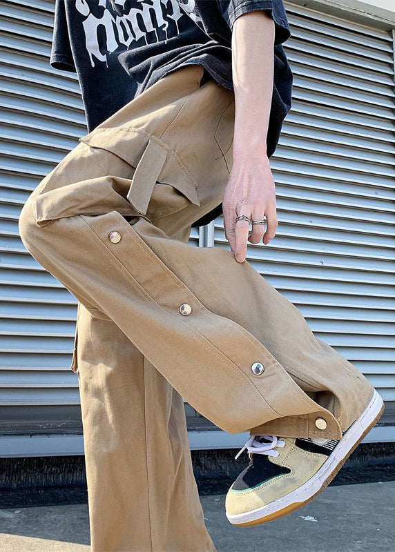 Casual Khaki Button Pockets Cotton Men Pants Summer