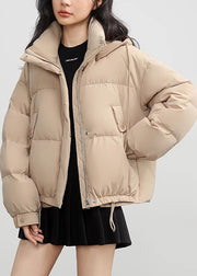 Casual Khaki Button Pockets Drawstring Duck Down Puffer Coat